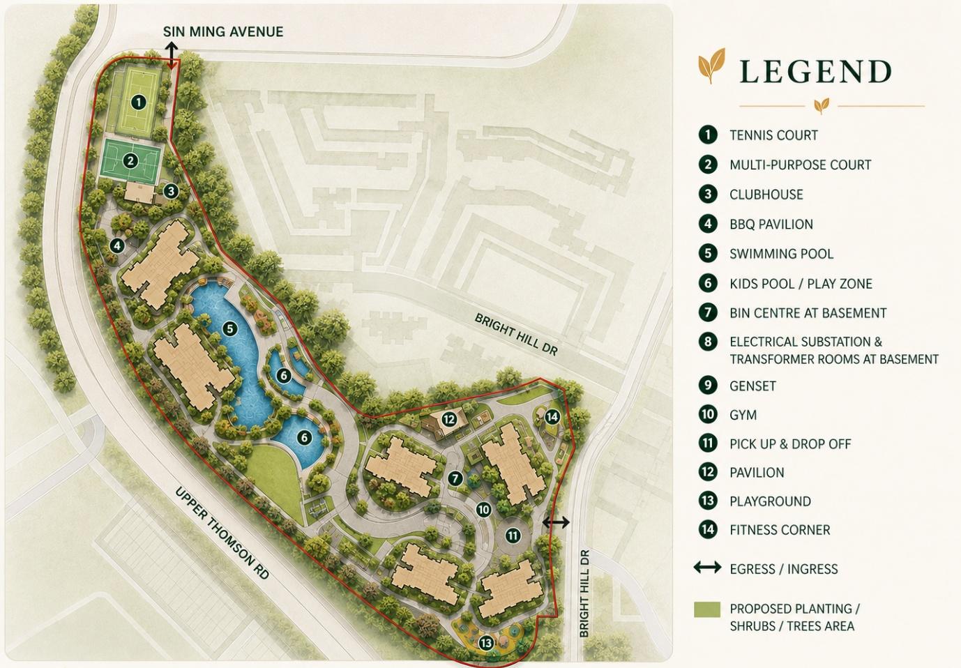 Thomson Reserve site plan showing six residential blocks, pools, courts, clubhouse and landscaped facilities